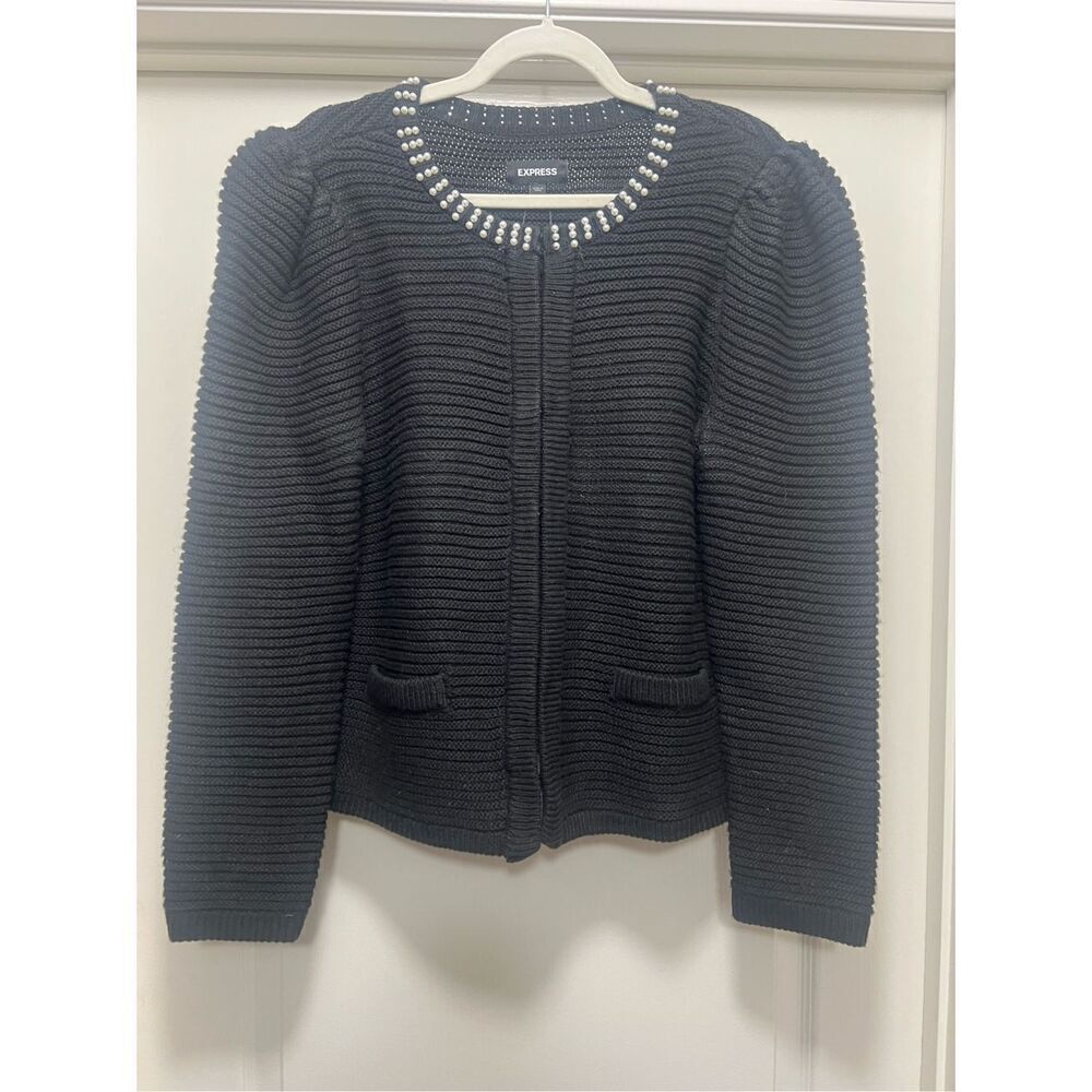 Express Cardigan with Pearl Collar Detail and Puffed Sleeves (Size L)
